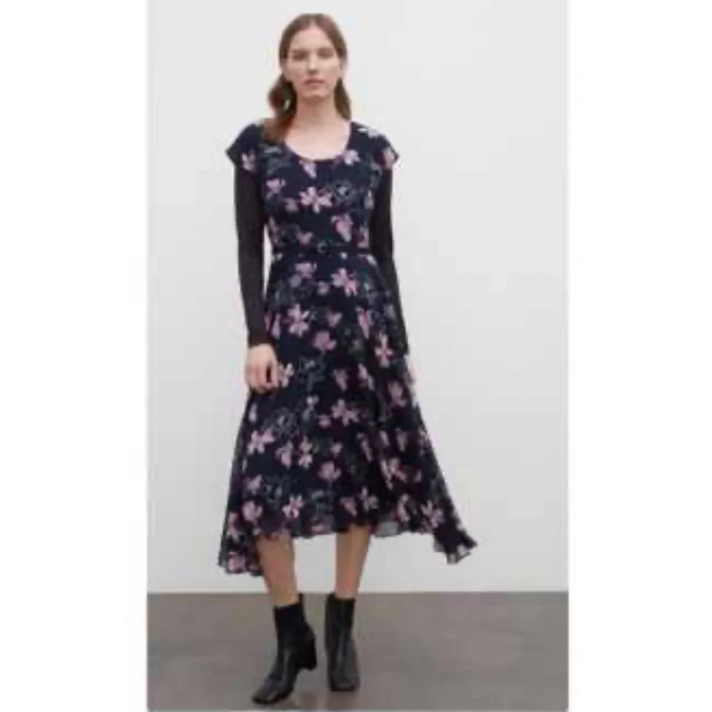 CLUB MONACO Purple Floral Silk Cocktail Flowy Belted Midi Dress